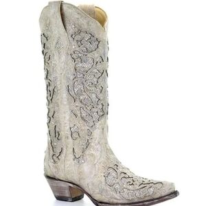 Corral White Glitter Inlay Heeled Boots SIZE 9.5